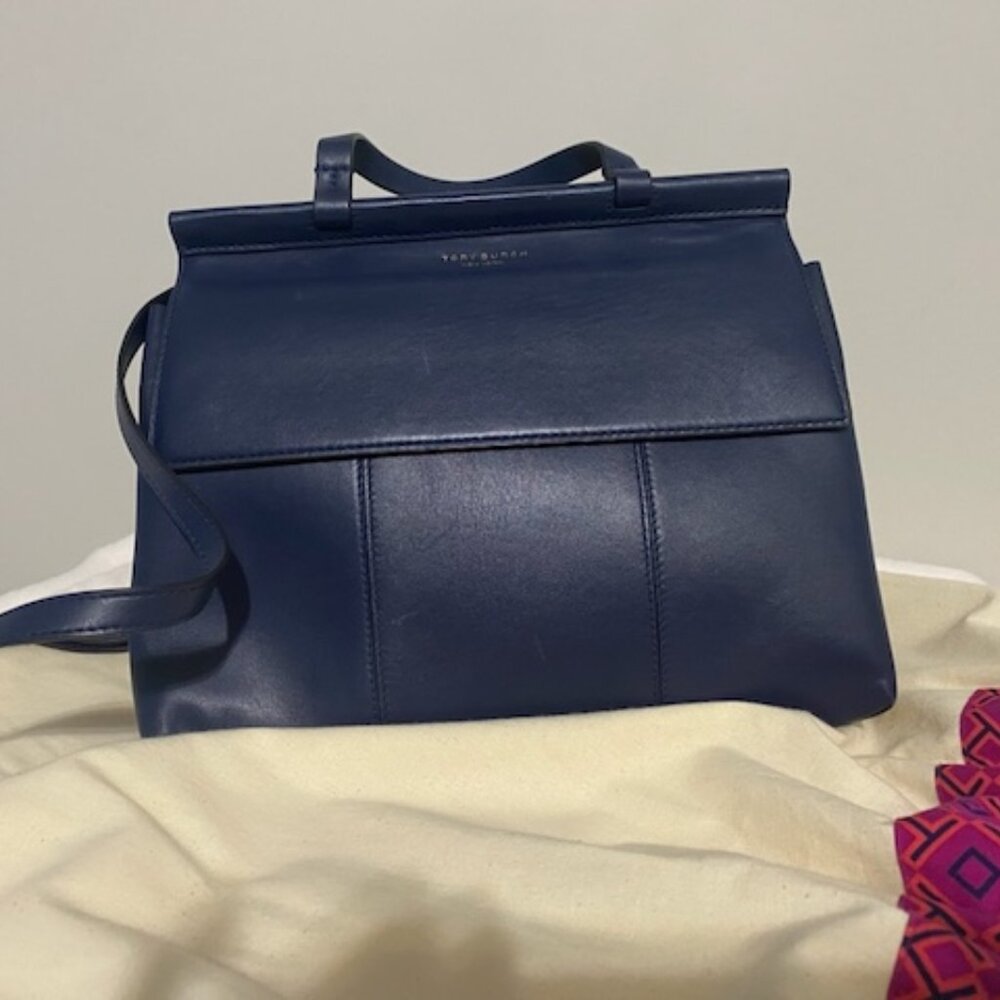 Tory Burch Block-T Ivory Blue Leather Satchel Medium Shoulder Bag